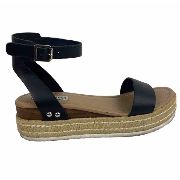 Steve Madden Espadrille Sandals Womens Size 9M Slingback Black Leather Open Toe - Picture 7 of 14